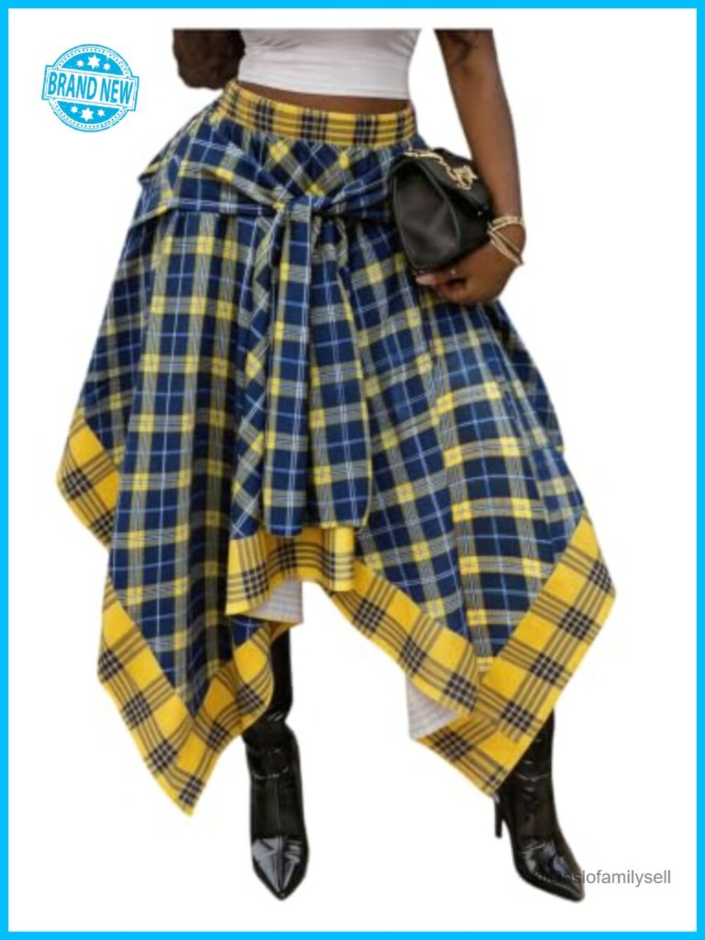 Women's Plaid Tie Front Asymmetrical Midi Skirt High Waisted A-Line